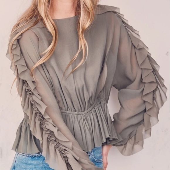Love Shack Fancy • Olive Green Ruffle Nellie Sleeve Top - Picture 4 of 14